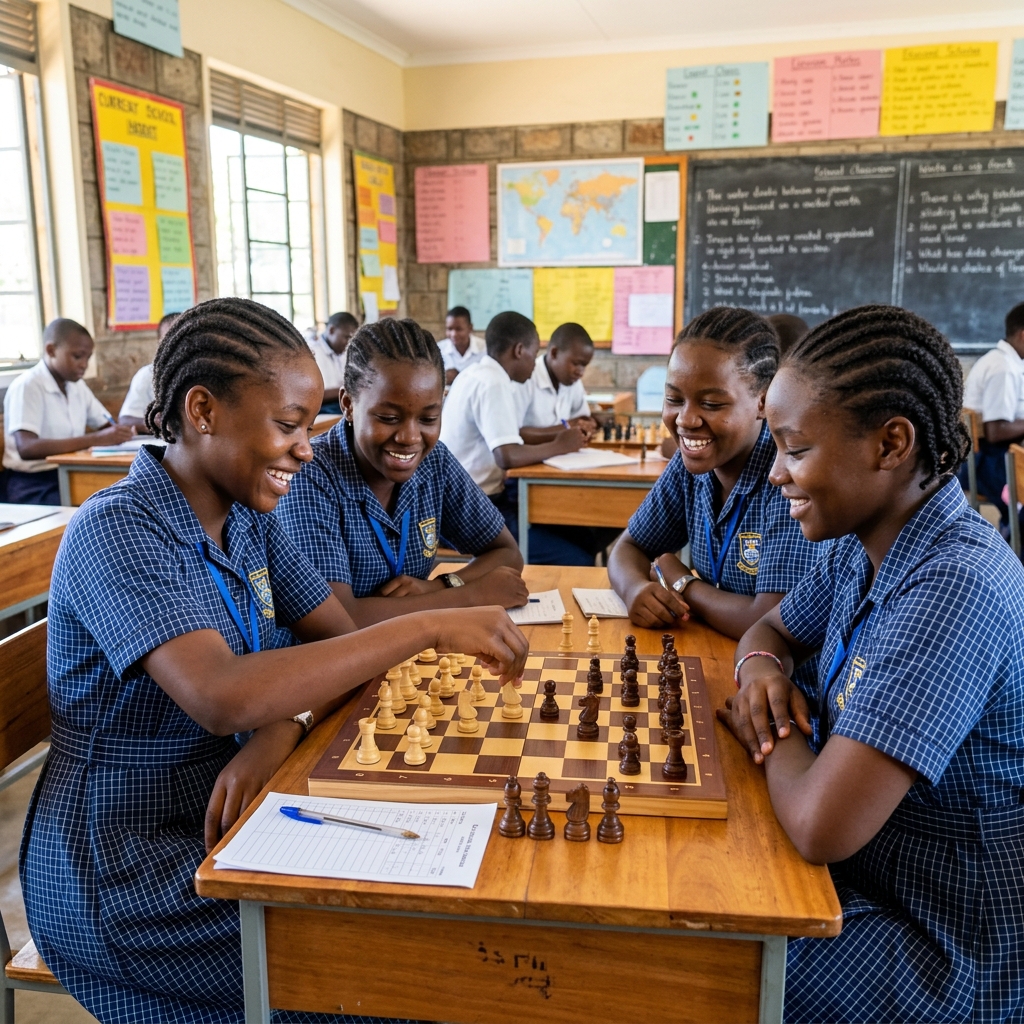 Secondary school girls playing chess