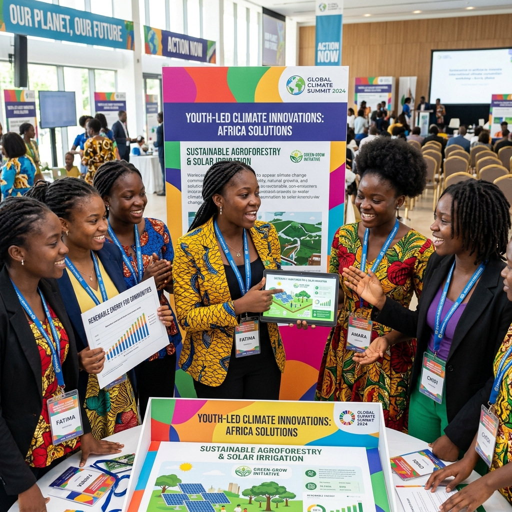 Girls showcasing climate change solutions at a convention